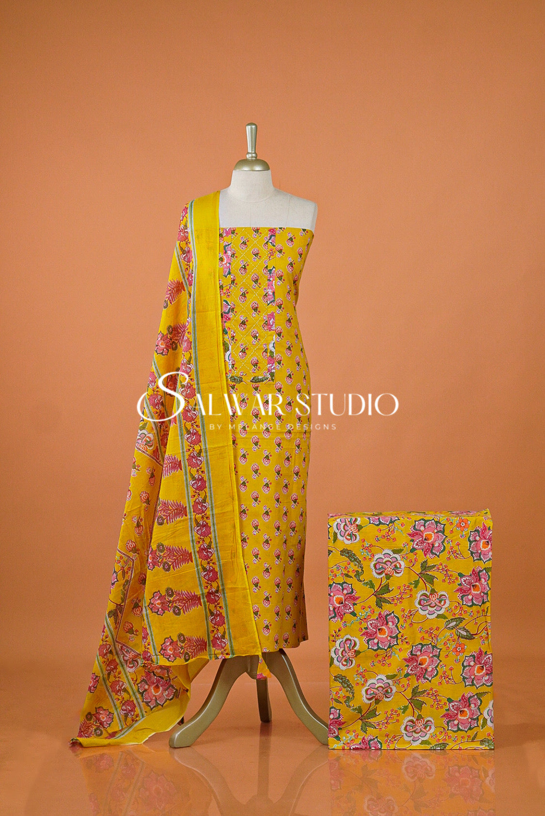 Printed Cotton Unstitched Salwar Suit Dress Material Yellow AC0165