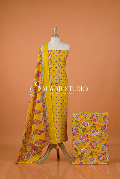 Printed Cotton Unstitched Salwar Suit Dress Material Yellow AC0165