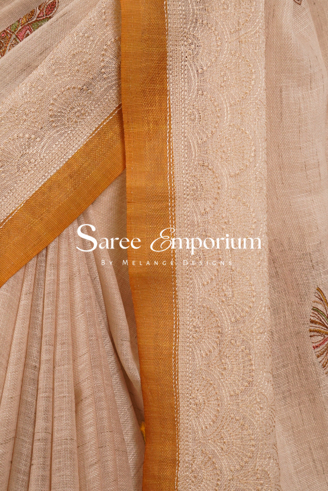Art Linen Embroidery Saree For Women Beige & Yellow BJ0572