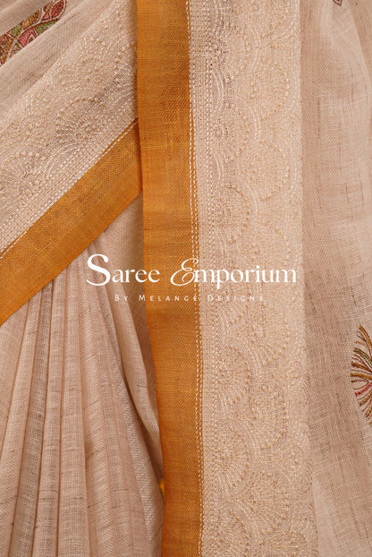 Art Linen Embroidery Saree For Women Beige & Yellow BJ0572