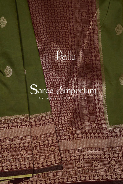 Semi Silk Saree For Women Olive green with burgundy border BJ0568