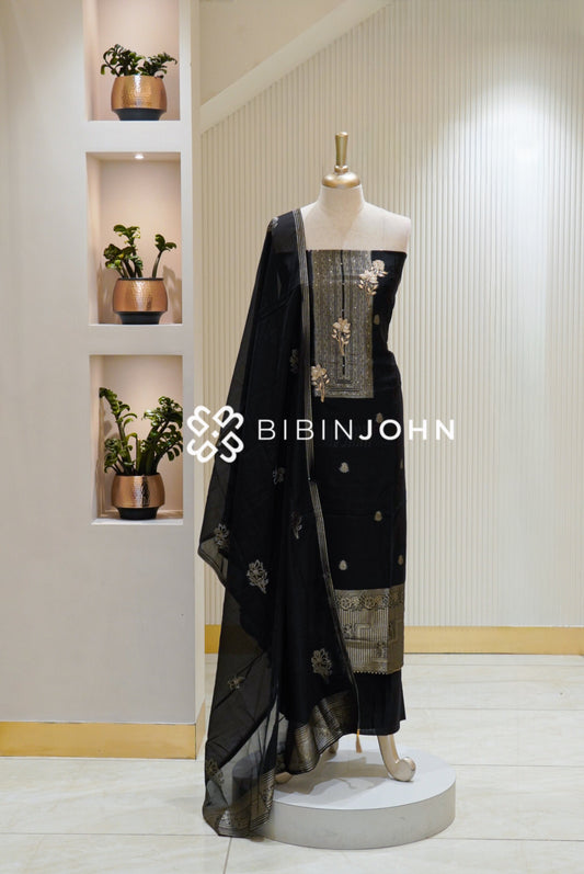 Organza Embroidery Unstitched Salwar Suit Materials Black BJ2164