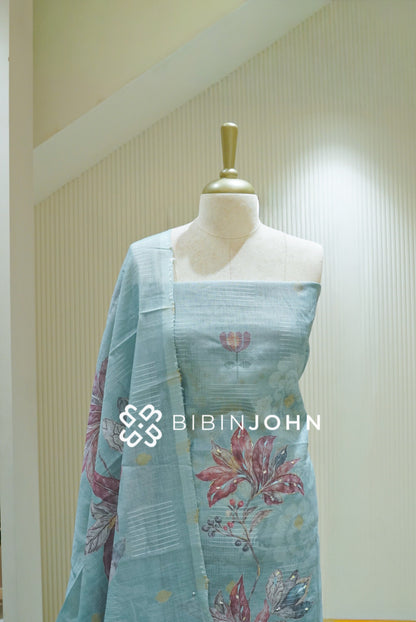 Art Linen Embroidery Unstitched Salwar Suit Material Pastel Aqua Blue BJ2488