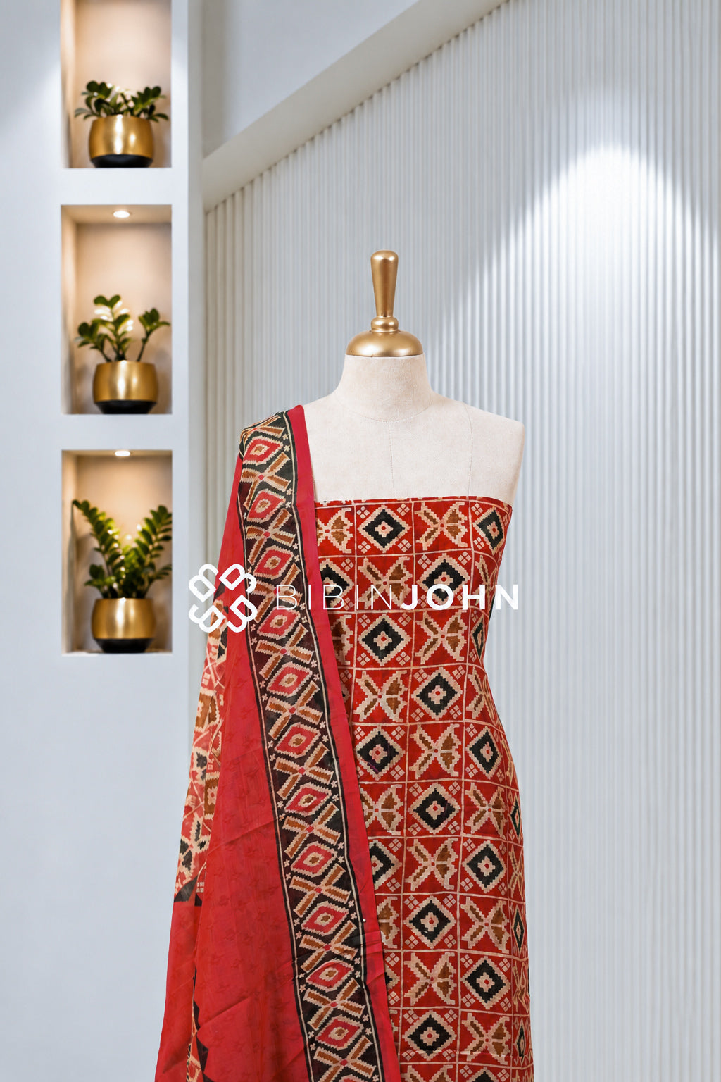 Printed Chanderi Unstitched Salwar Suit Material Rust Red With Black BJ1960