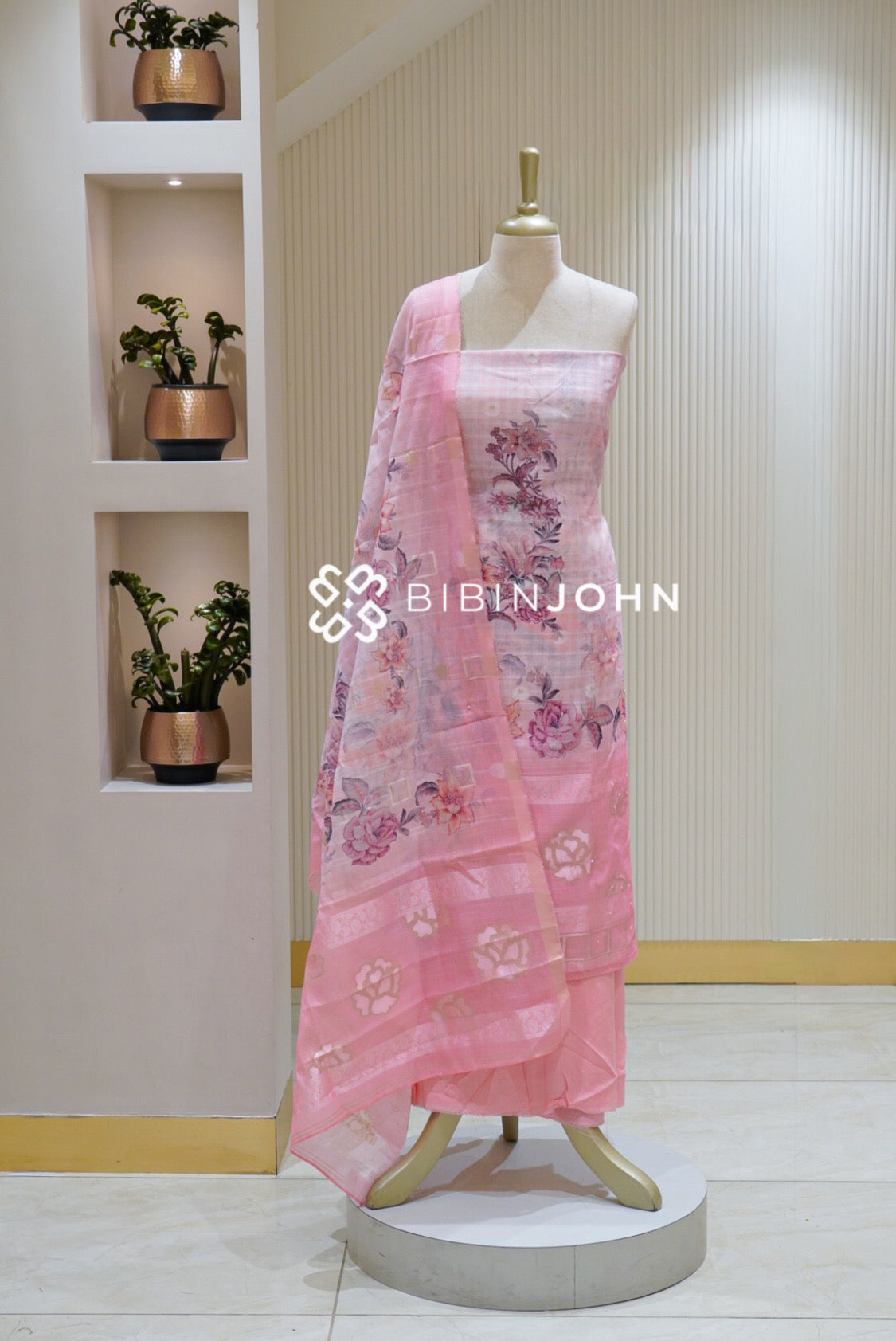 Semi Linen Embroidery Unstitched Salwar Suit Material Pastel Pink BJ2515