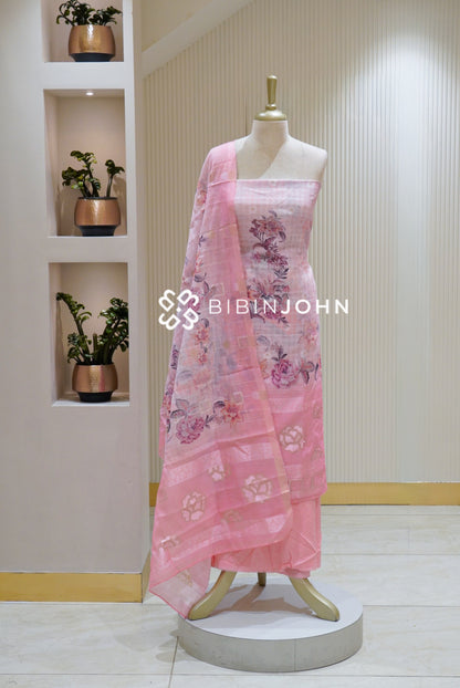 Semi Linen Embroidery Unstitched Salwar Suit Material Pastel Pink BJ2515