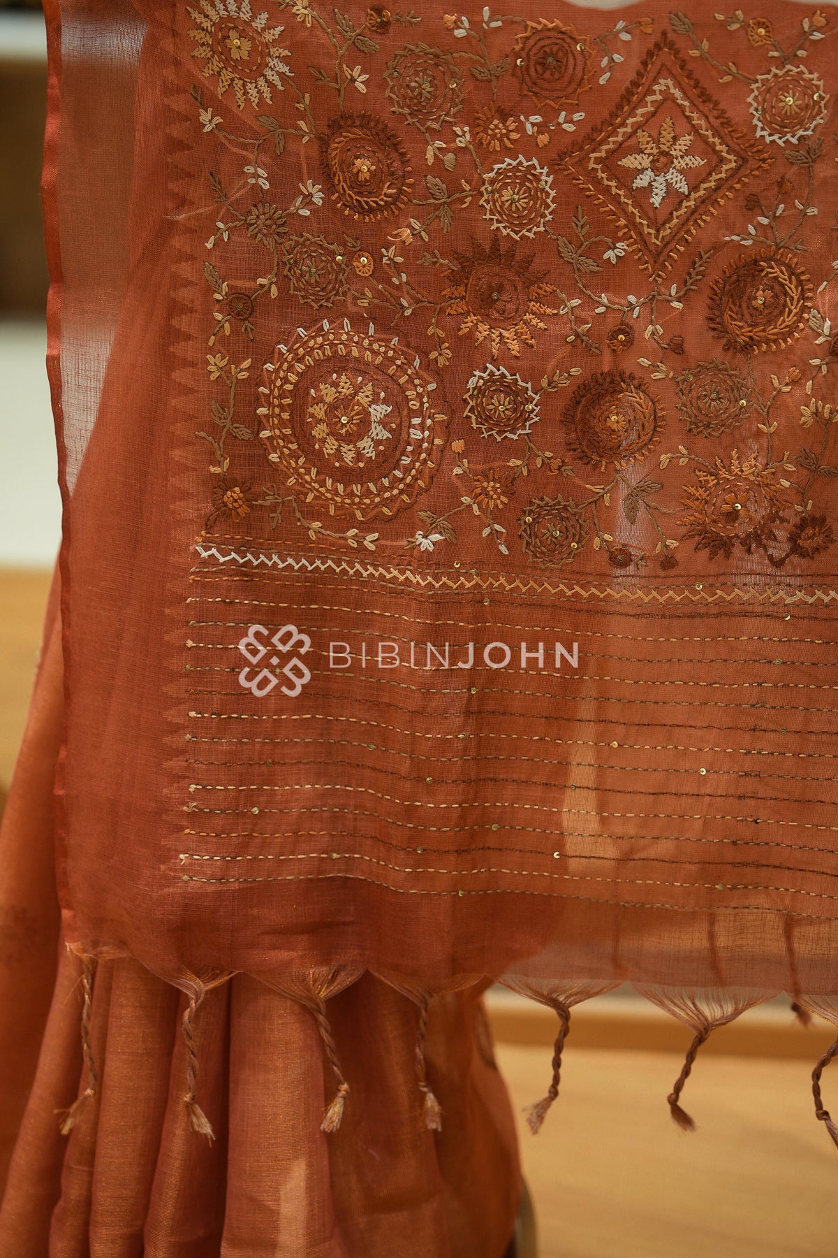 Tissue Linen Embroidery Saree For Women Terracotta Rust BJ2438