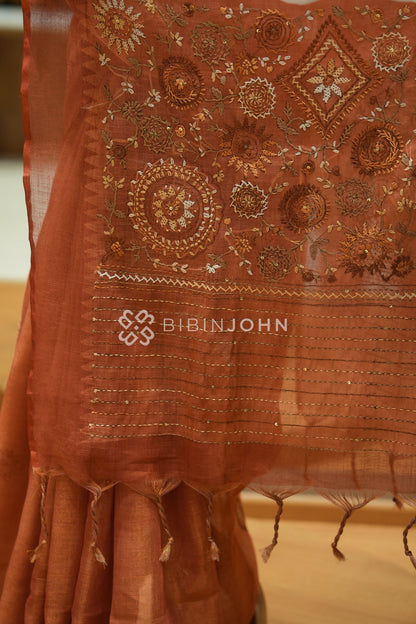 Tissue Linen Embroidery Saree For Women Terracotta Rust BJ2438