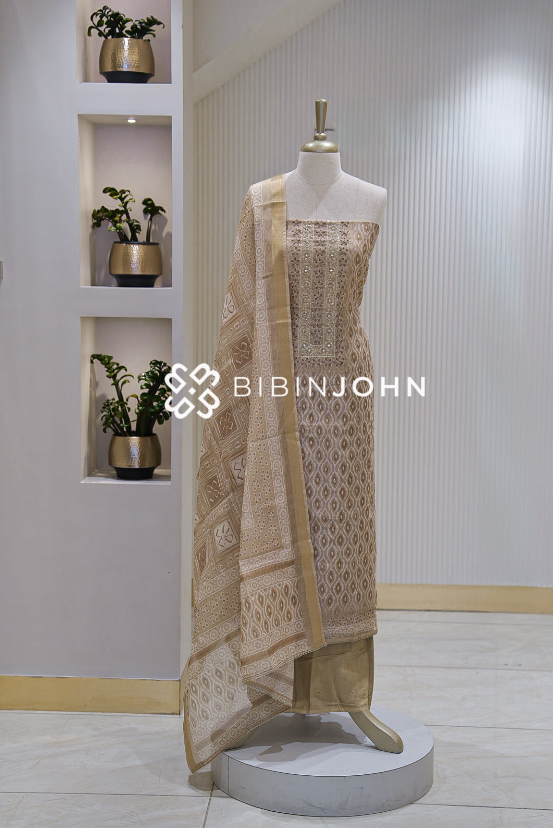 Chanderi Embroidery Unstitched Salwar Suit Material Champagne Beige BJ2303