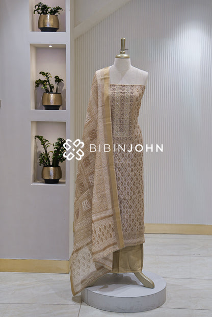 Chanderi Embroidery Unstitched Salwar Suit Material Champagne Beige BJ2303
