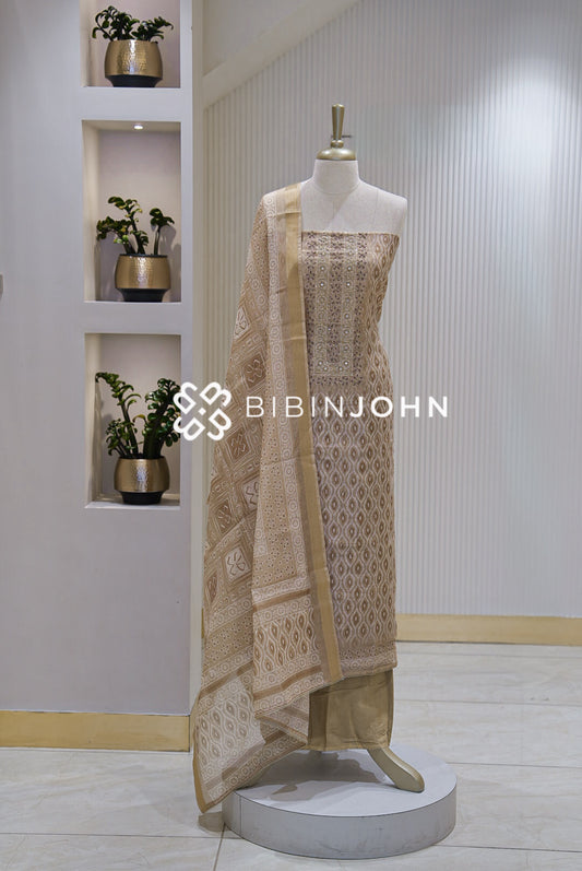 Chanderi Embroidery Unstitched Salwar Suit Material Champagne Beige BJ2303
