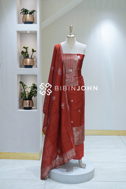 Organza Embroidery Unstitched Salwar Suit Materials Rust Red BJ2163