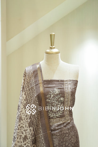 Semi Silk Embroidery Unstitched Salwar Suit Materials Mocha Brown BJ2206