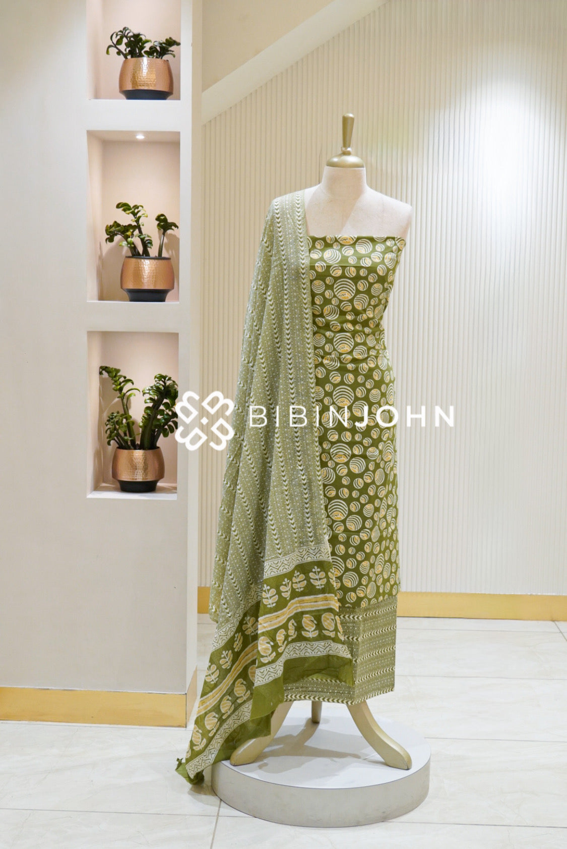 Printed Cotton Unstitched Salwar Suit Material Olive Green BJ1850