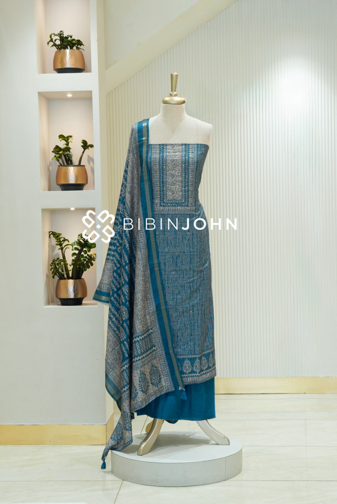 Printed Semi Silk Unstitched Salwar Suit Material Teal Blue BJ2360