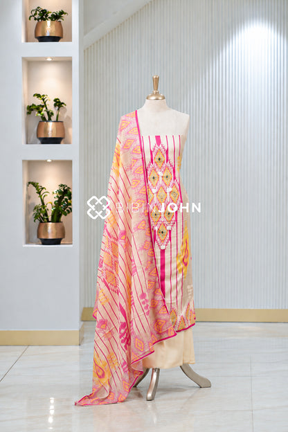 Cotton Embroidery Unstitched Salwar Suit Material Cream With Hot Pink BJ2031