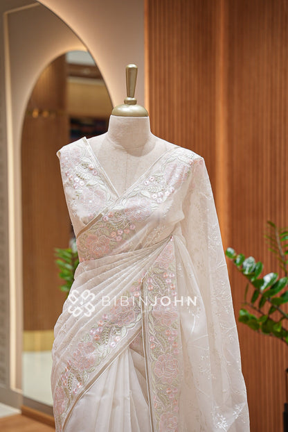Organza Embroidery Saree White BJ1017