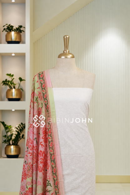 Printed Cotton Unstitched Salwar Suit Material White BJ1796