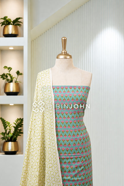 Printed Cotton Unstitched Salwar Suit Material Sea Green With Pink BJ1954