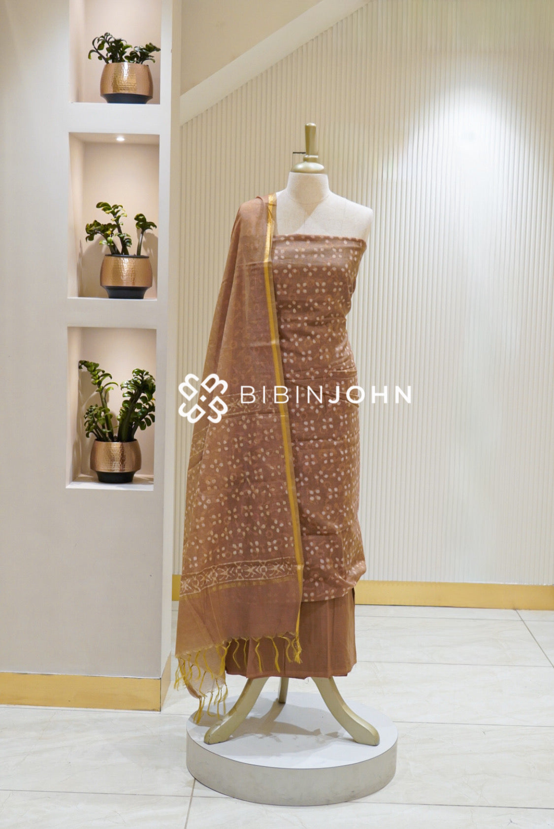 Printed Chanderi Ajrak Unstitched Salwar Suit Material Taupe Brown BJ2626