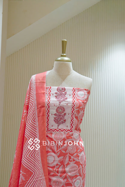 Cotton Embroidery Unstitched Salwar Suit Material Coral Pink BJ1860