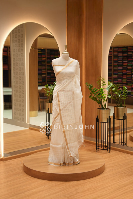 Weaving Linen Silk Saree For Women Ivory White BJ2187