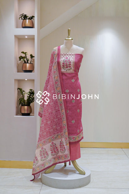 Printed Linen Cotton Unstitched Salwar Suit Material Rose Pink BJ2620