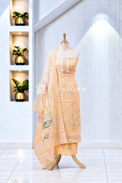 Cotton Embroidery Unstitched Salwar Suit Material Pastel Peach BJ1985