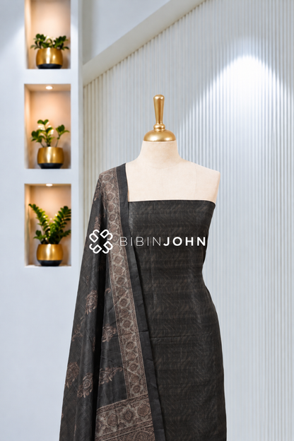 Printed Chanderi Unstitched Salwar Suit Material Charcoal Black BJ1962