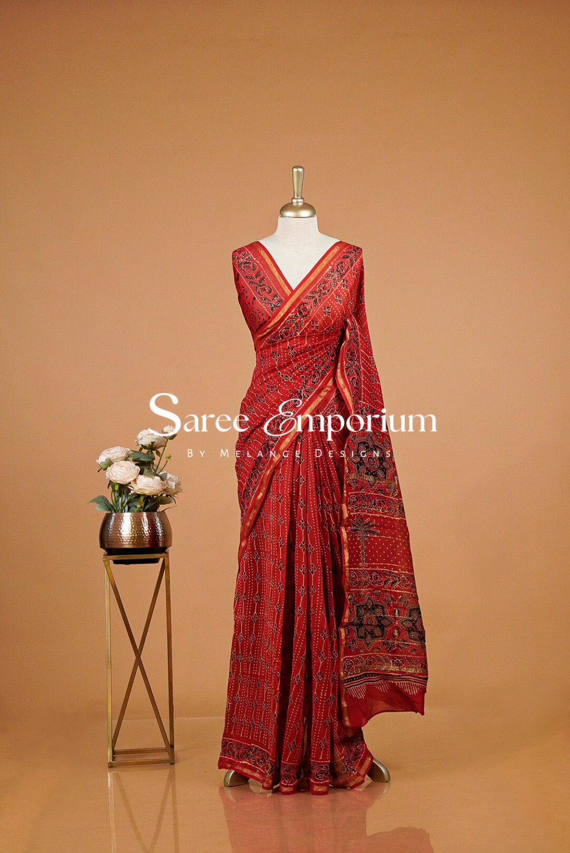 Chanderi Ajrakh Saree For Women Brick Red.