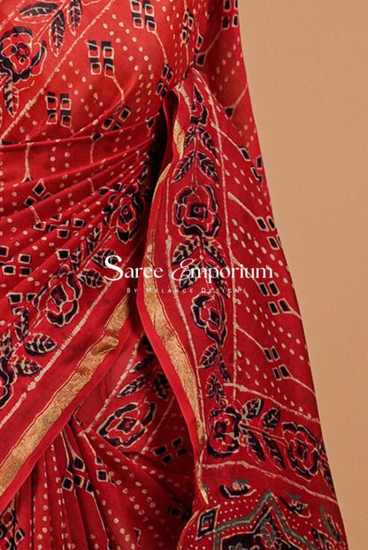 Chanderi Ajrakh Saree For Women Brick Red Side View.