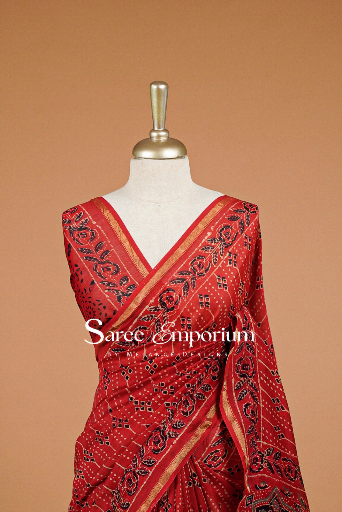 Chanderi Ajrakh Saree For Women Brick Red Close View.
