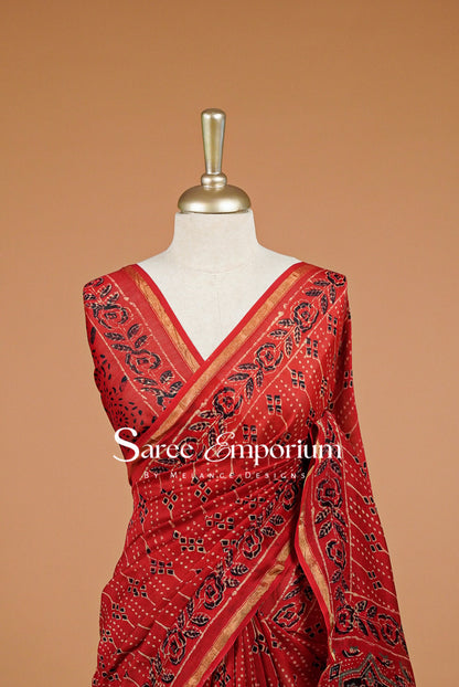 Chanderi Ajrakh Saree For Women Brick Red Close View.