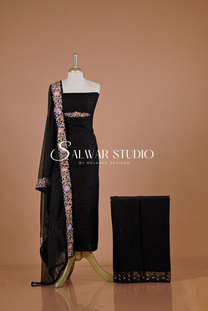 Chanderi Embroidery Unstitched Salwar suit Dress Material Black AC0237