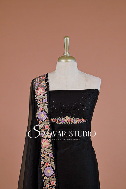 Chanderi Embroidery Unstitched Salwar suit Dress Material Black AC0237