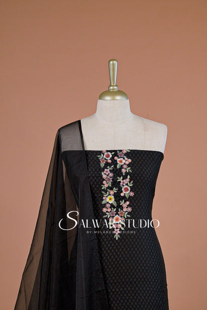 Chanderi Embroidery Unstitched Salwar suit Dress Material Black AC0238