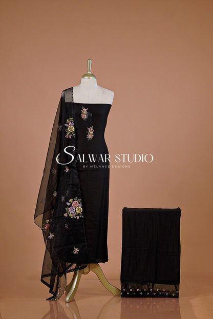 Chanderi Embroidery Unstitched Salwar suit Dress Material Black AC0239