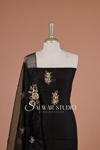 Chanderi Embroidery Unstitched Salwar suit Dress Material Black AC0239