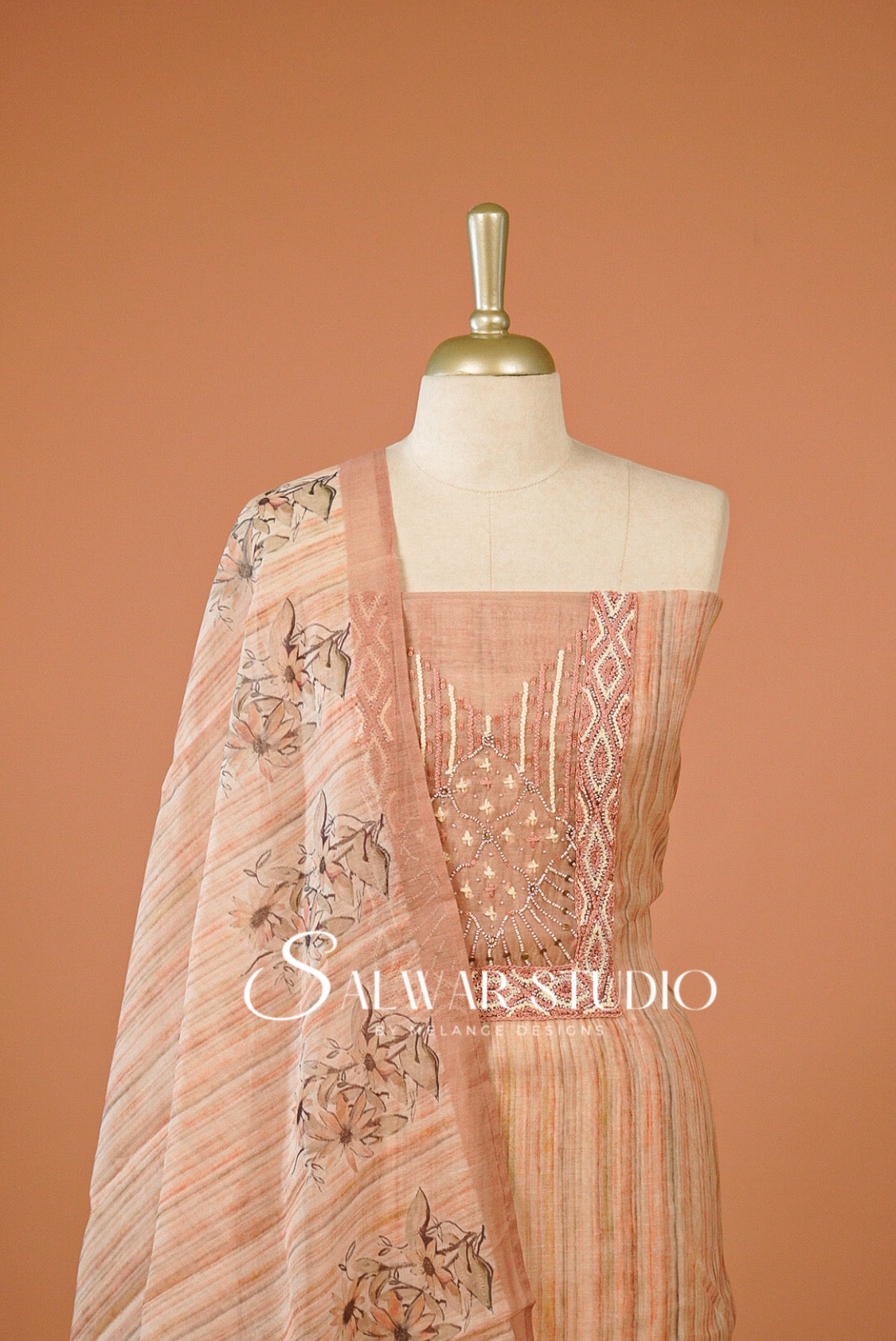 Chanderi Embroidery Unstitched Salwar suit Dress Material Peach Close UP