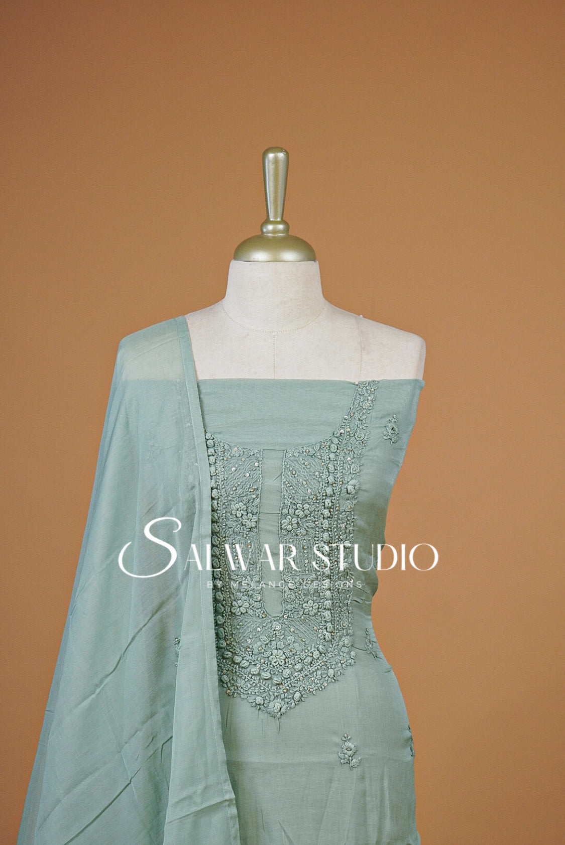 Chanderi Embroidery Unstitched Salwar Suit Material Sage Green