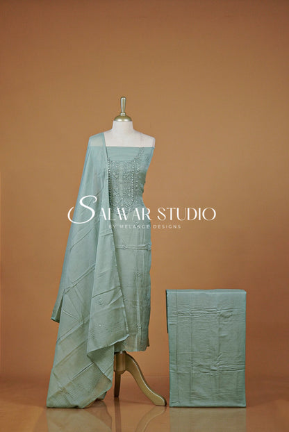 Chanderi Embroidery Unstitched Salwar Suit Material Sage Green