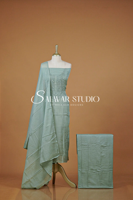 Chanderi Embroidery Unstitched Salwar Suit Material Sage Green