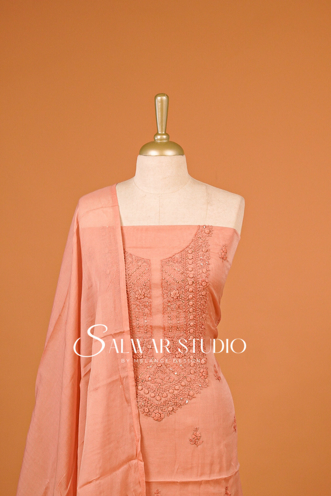Chanderi Embroidery Unstitched Salwar Suit Material Salmon Peach