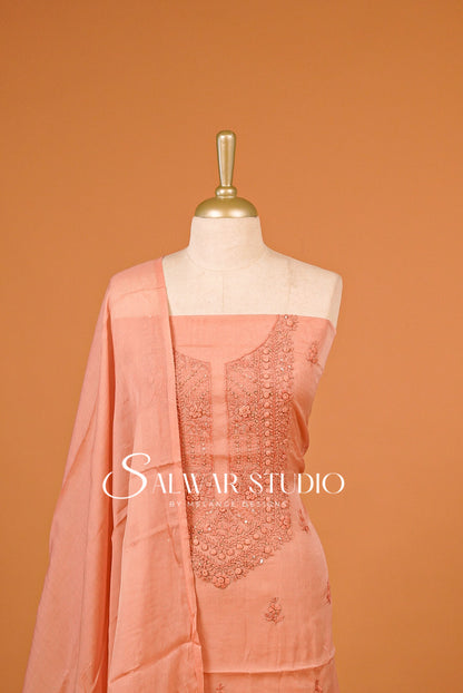 Chanderi Embroidery Unstitched Salwar Suit Material Salmon Peach