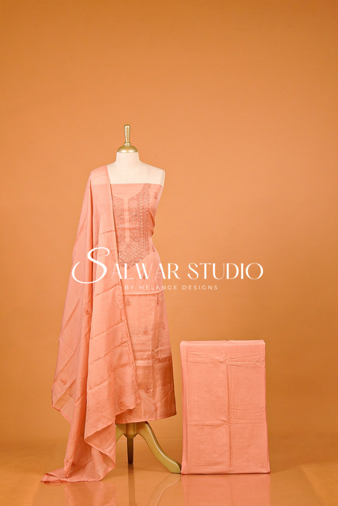 Chanderi Embroidery Unstitched Salwar Suit Material Salmon Peach