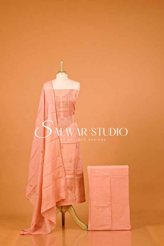Chanderi Embroidery Unstitched Salwar Suit Material Salmon Peach