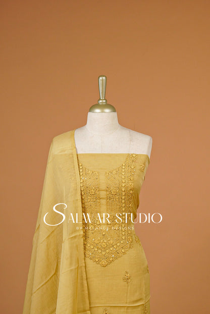 Chanderi Embroidery Unstitched Salwar Suit Material Antique Mustard AC0397
