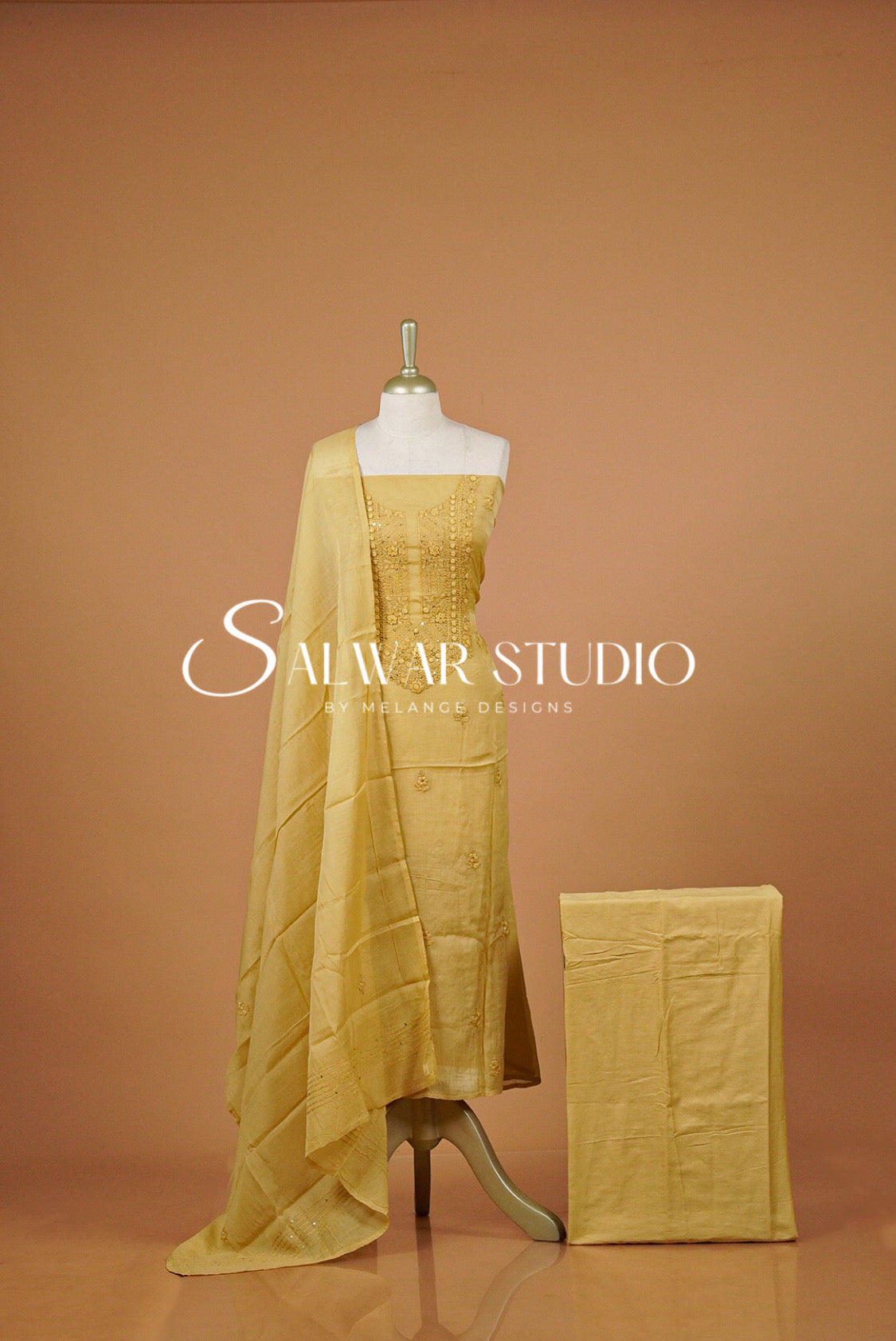 Chanderi Embroidery Unstitched Salwar Suit Material Antique Mustard AC0397