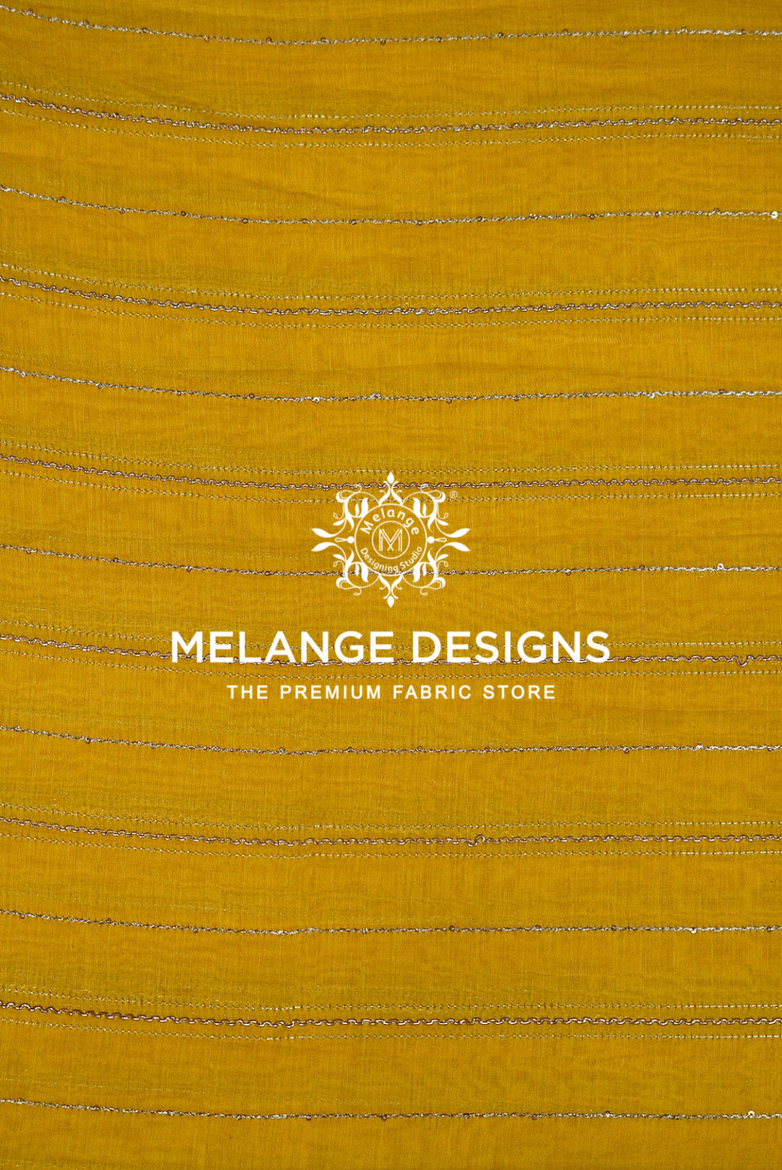 A close-up of a mustard yellow Chanderi Silk Embroidery Fabric  with horizontal metallic silver stripes.