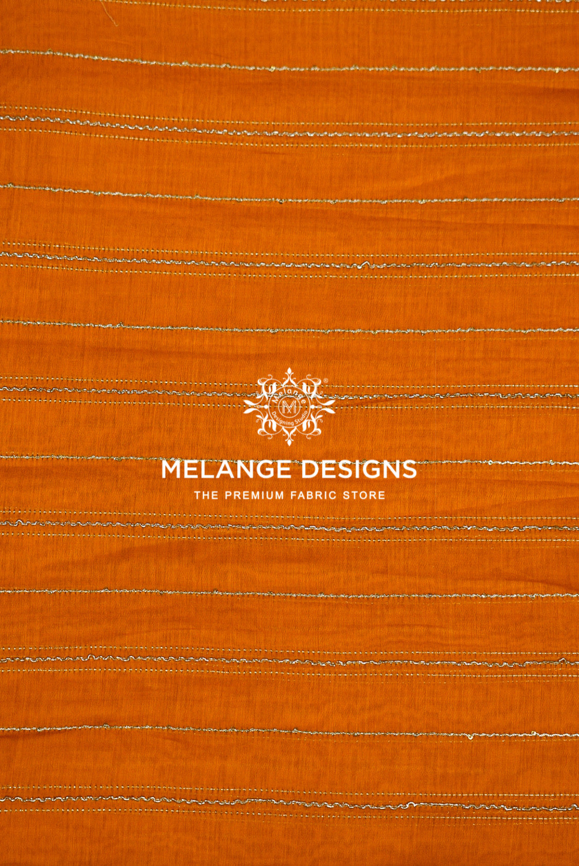 A close-up of orange Chanderi Silk Embroidery Fabric with horizontal stitched stripes .